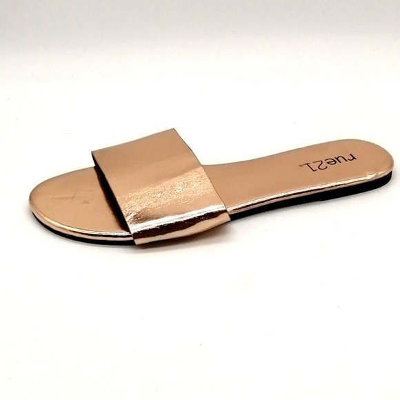 Rue 21‎ Womens Melanie Slide Sandal Gold Leather Wide Upper Strap Flat Heel 7M - Picture 1 of 9